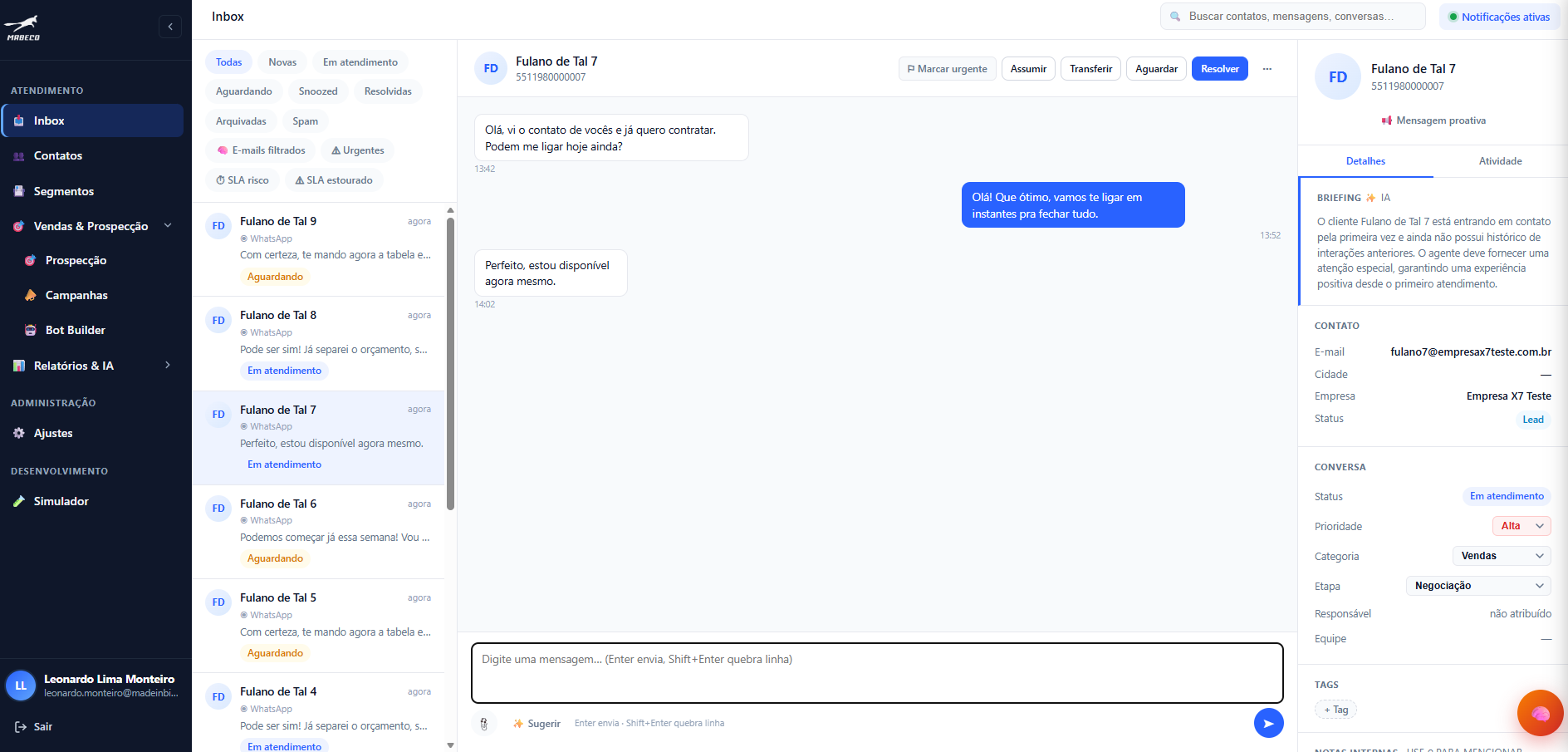 Inbox compartilhada da Central de Atendimento