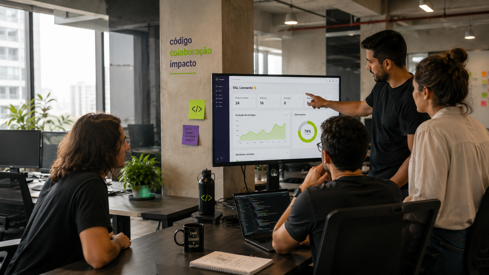 Time de desenvolvimento discutindo o sistema em construção