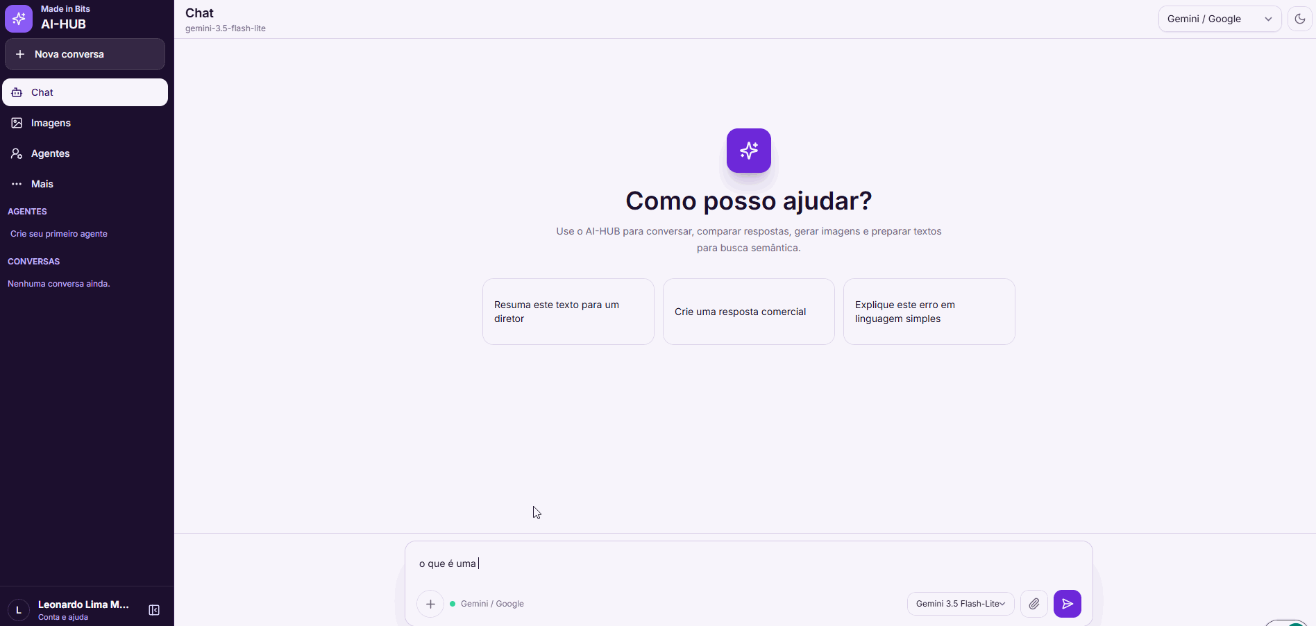 Demonstração do AI Hub em uso, alternando entre GPT, Claude e Gemini