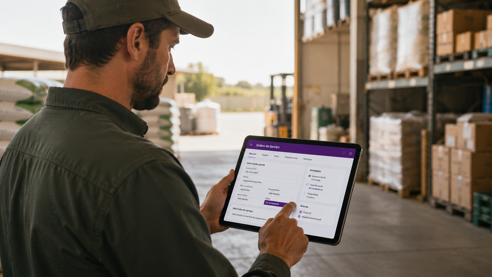 Trabalhador usando um app Power Apps em campo